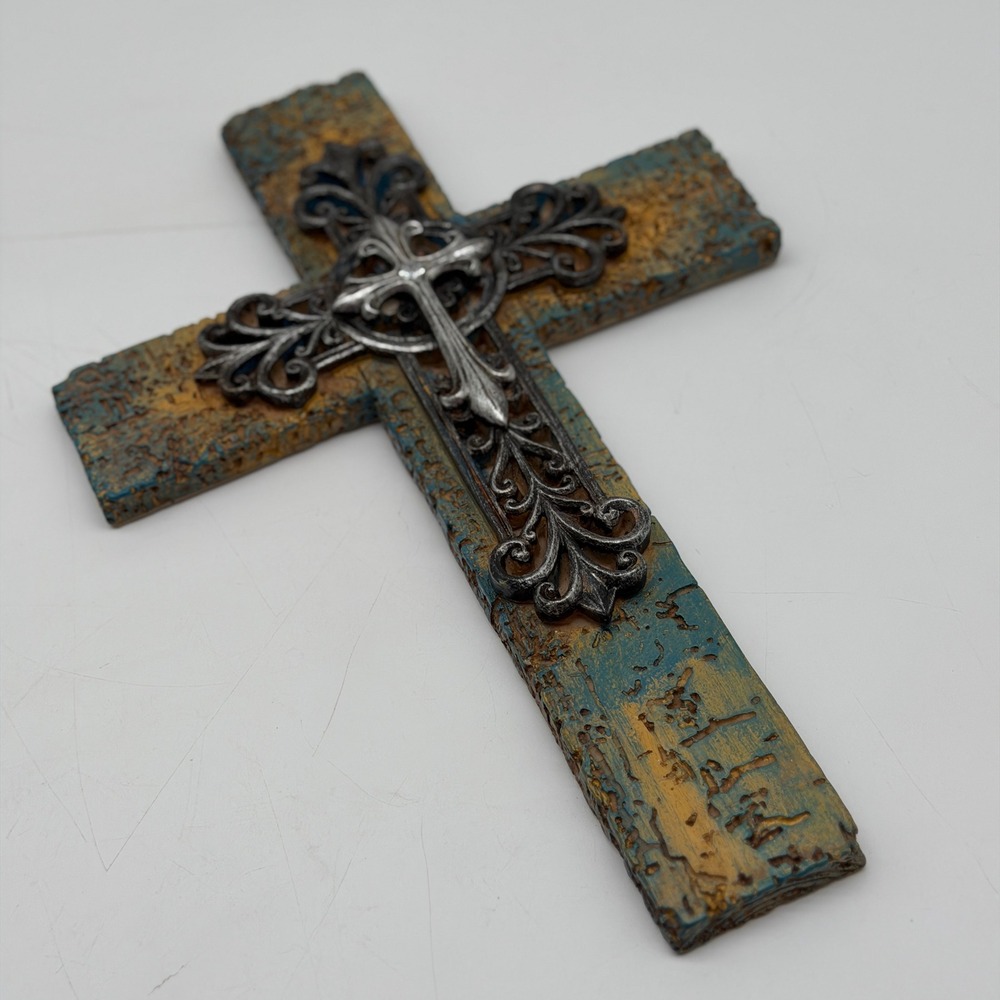 Rustic Distressed Blue and Gold Wall Cross with Silver Filigree Overlay 12in